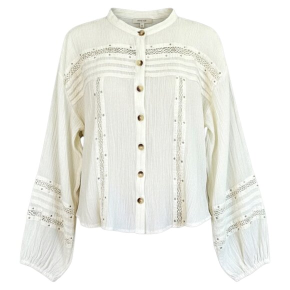 Free People Summer Stars Button Front Blouse Ivory Cream Boho Lace Top XS - Picture 3 of 9